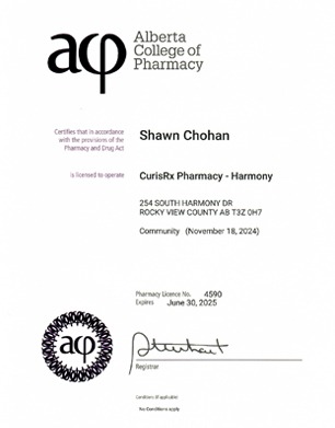 Harmony Pharmacy License | Calgary Pharmacy | CurisRx Pharmacy & Compounding